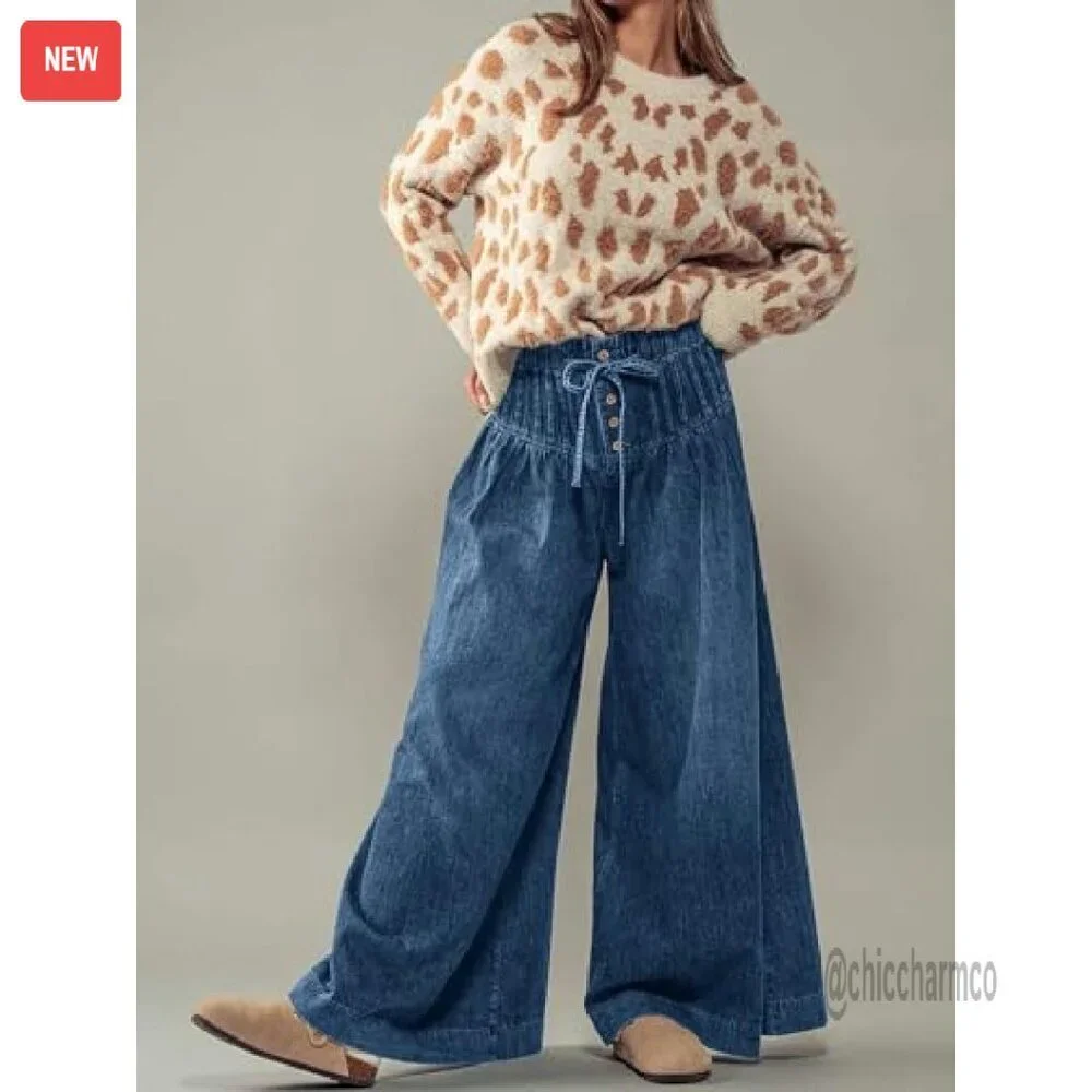 Women's Baggy Wide Leg Denim Pants Drawstring Midi Waisted Flare Jeans - Picture 3 of 8